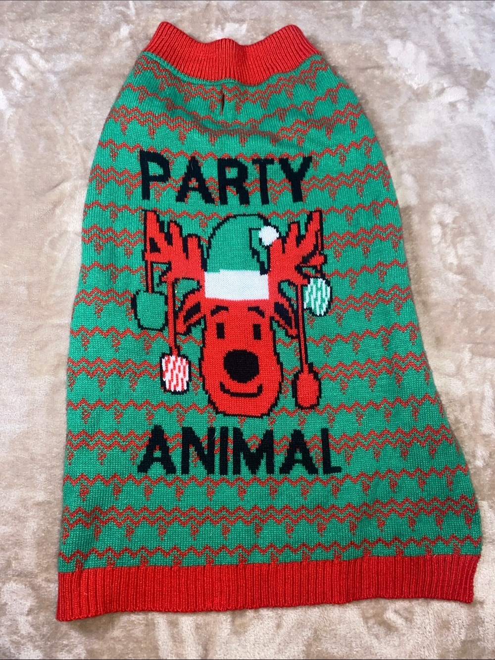 Dog Party Animal Green & Red Holiday Pet Sweater size XL